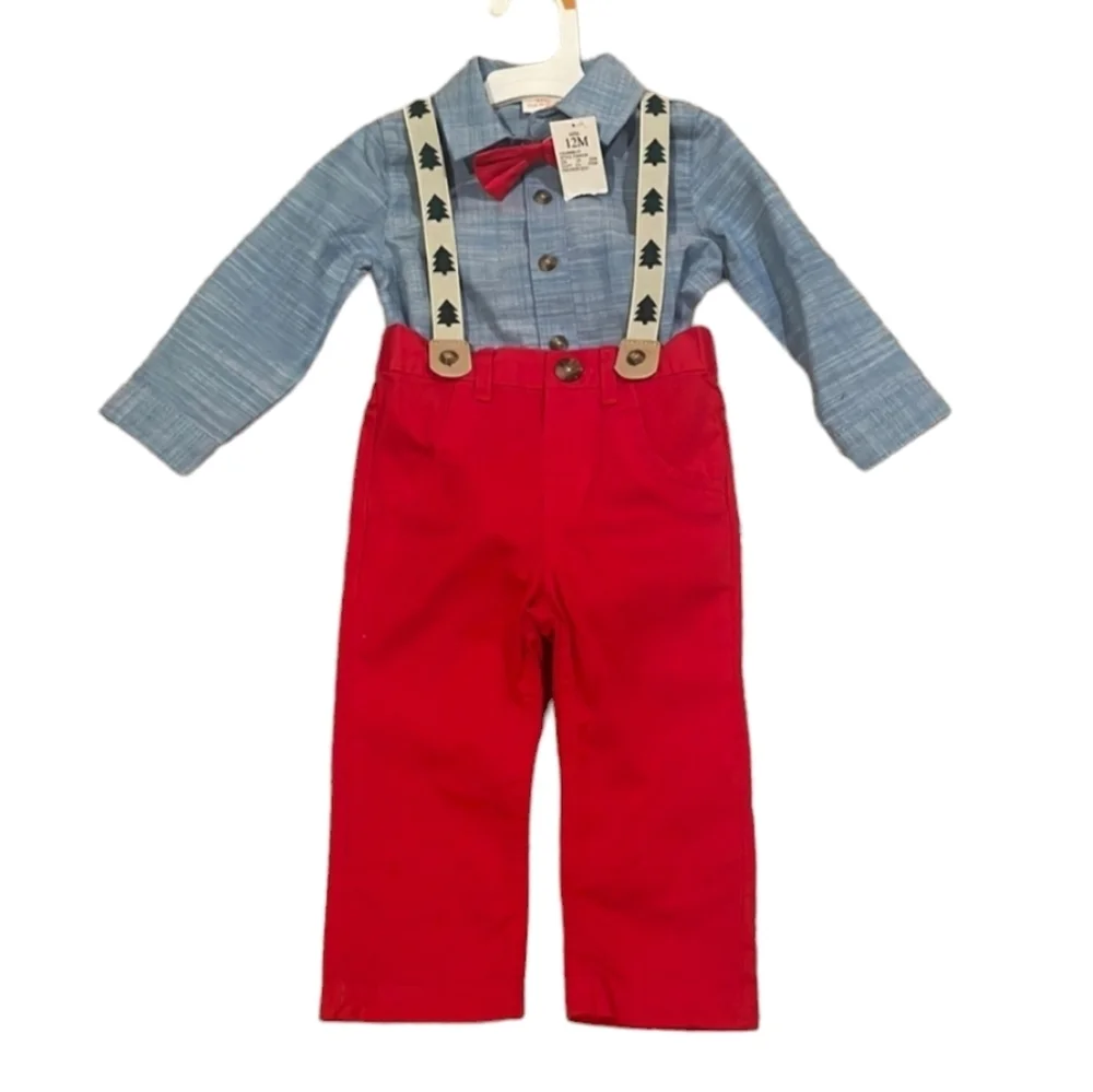 Cat & Jack Baby Boys Holiday Suspender Set NEW Christmas Tree - Picture 2 of 5